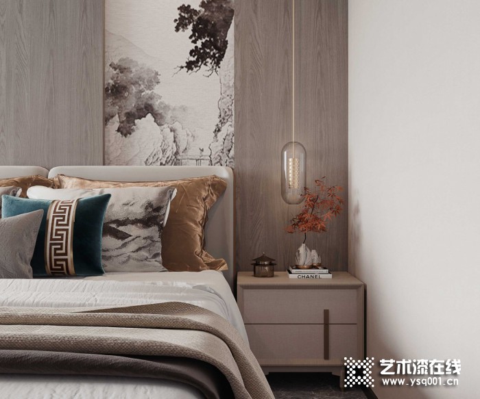 英尼斯特艺术涂料新中式风装修图，新中式卧室效果图
