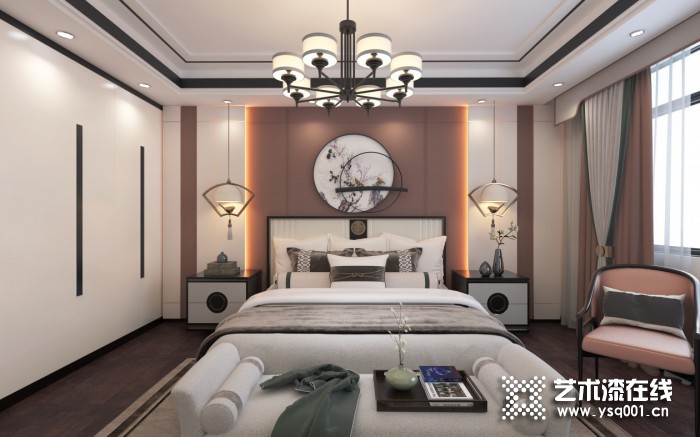 英尼斯特艺术涂料新中式风装修图，新中式卧室效果图